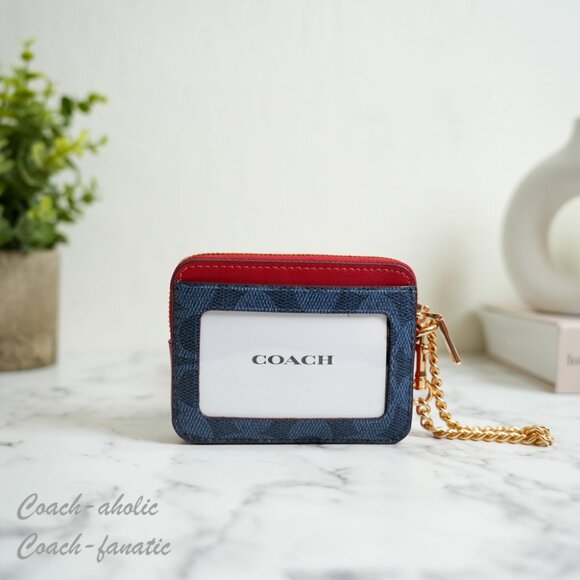 NWT Coach CW883 Zip Card Case In Signature Canvas Denim/Bold Red - Picture 2 of 8